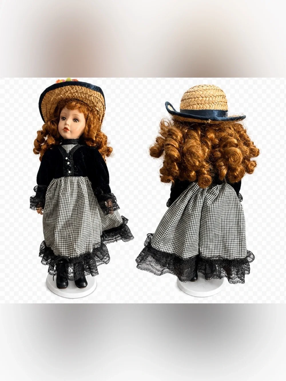 Victorian-Style Girls Black & White Gingham Costume Dress with Straw Hat